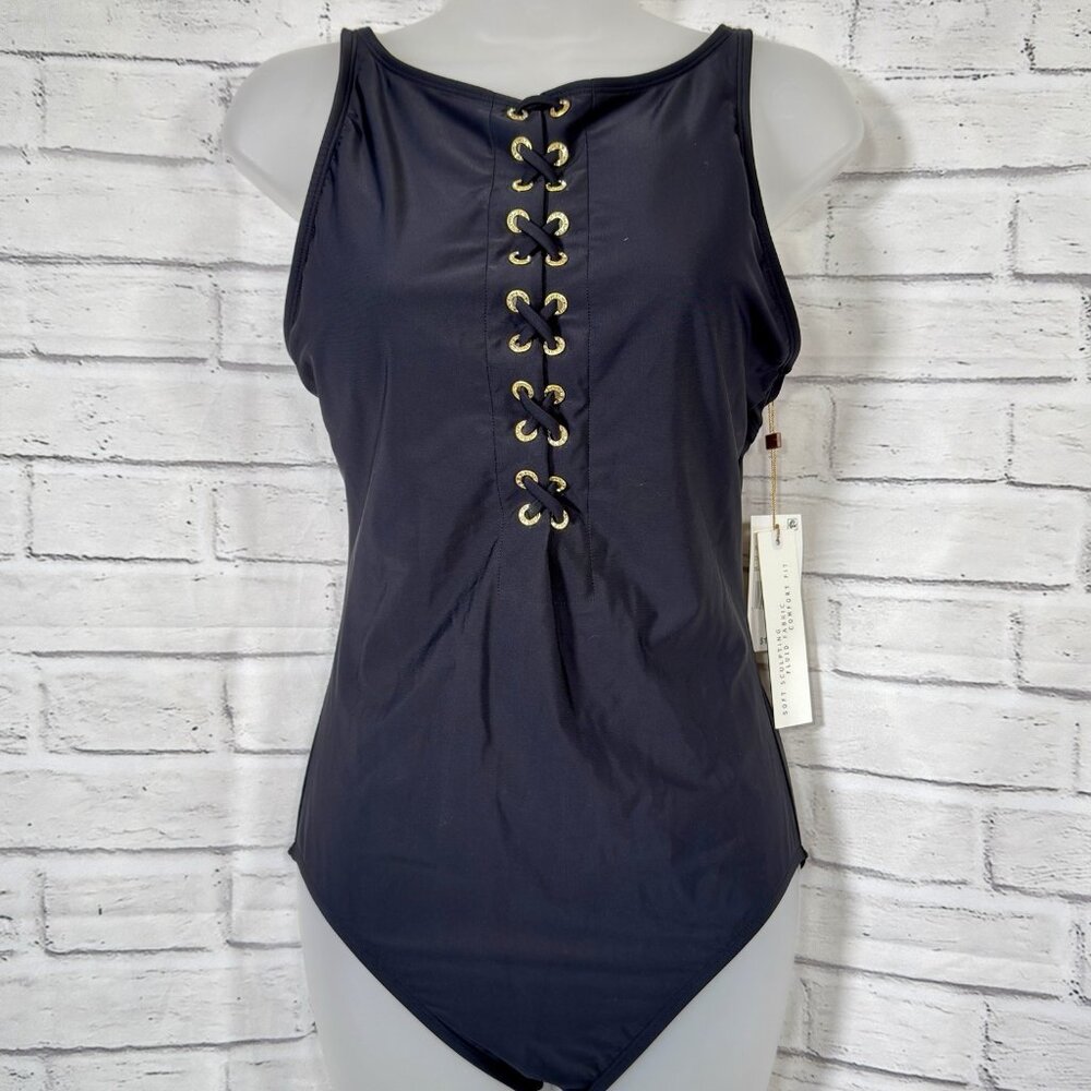 Beyond Control Black Solid High-Neck Lace-up One-Piece Swimsuit Size 10 NWT $139
